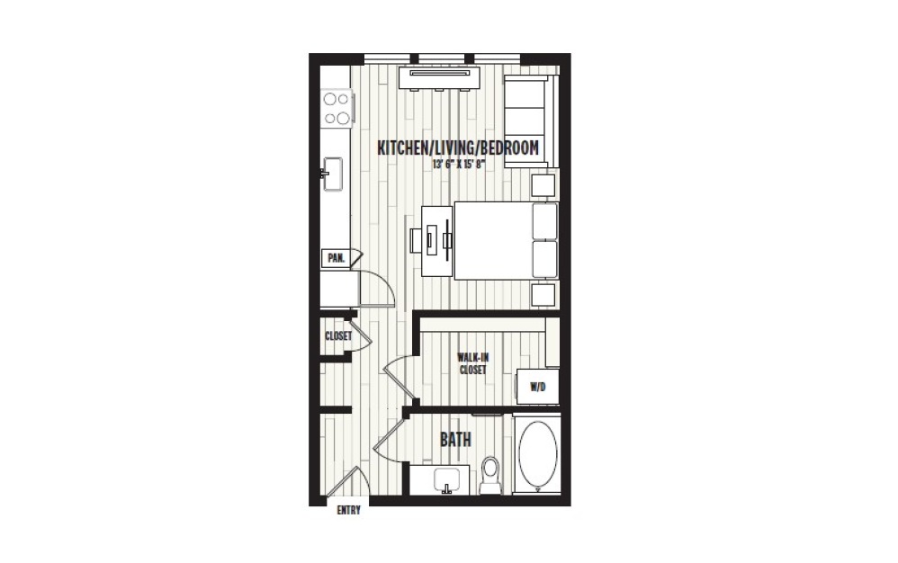 E1 - Studio floorplan layout with 1 bathroom and 474 square feet