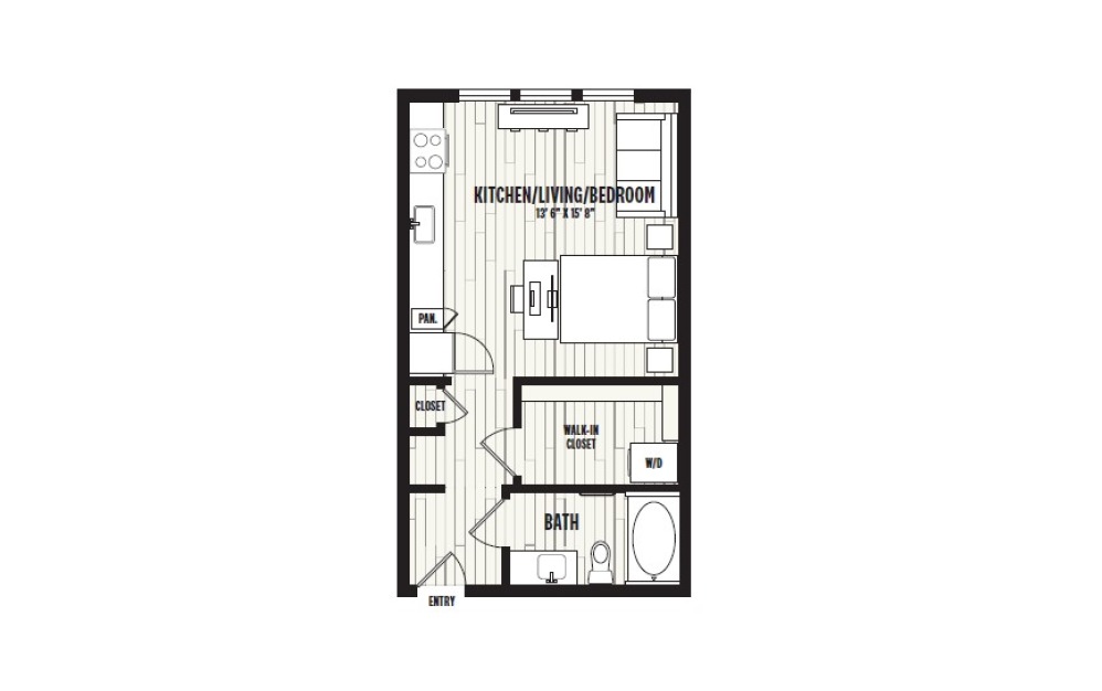 E1A - Studio floorplan layout with 1 bathroom and 474 square feet