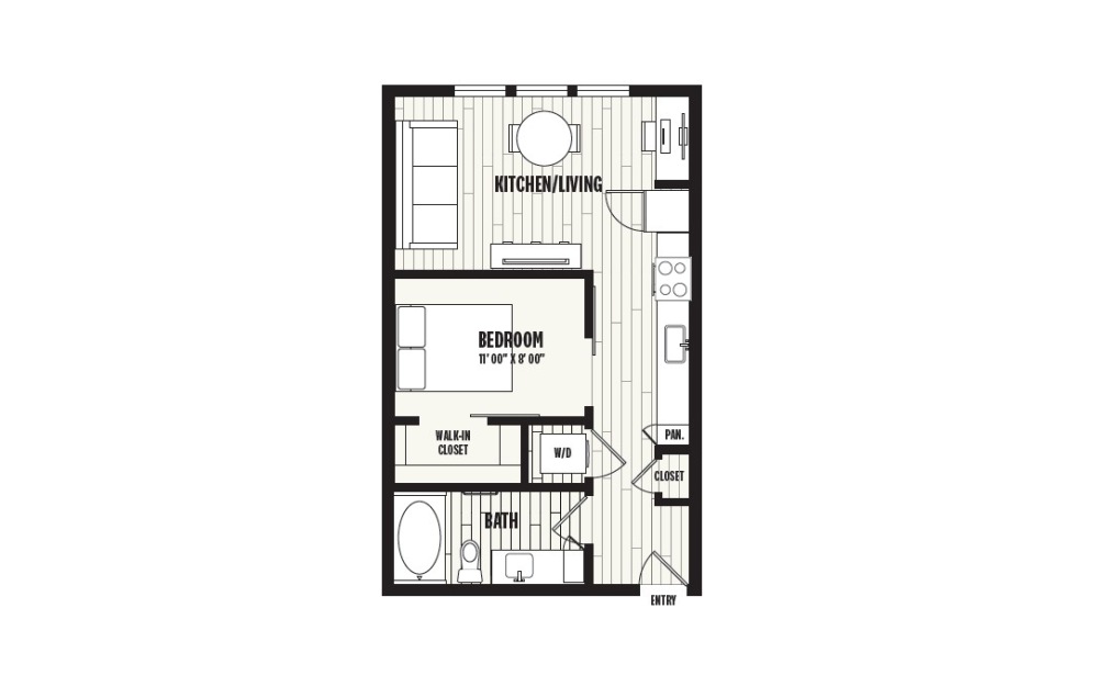 E2 - Studio floorplan layout with 1 bathroom and 536 square feet