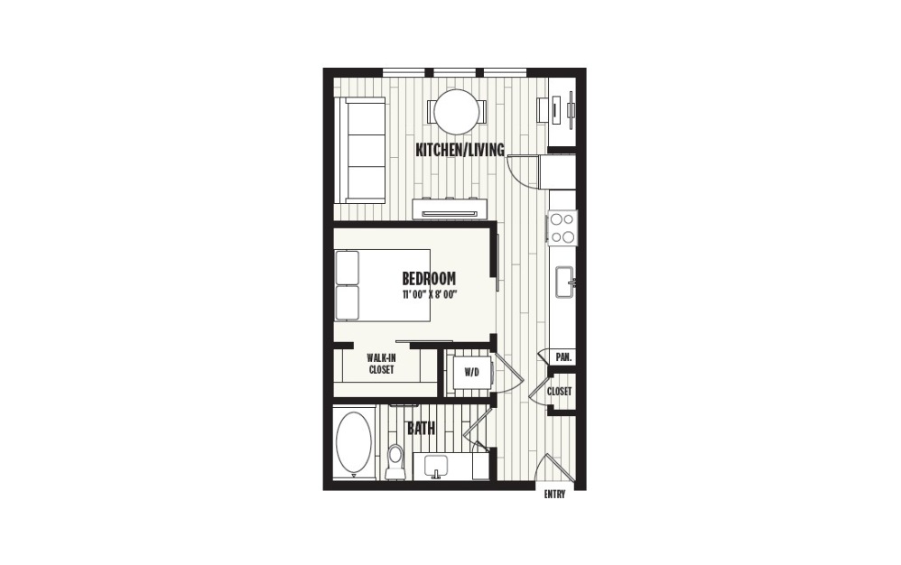 E2A - Studio floorplan layout with 1 bathroom and 536 square feet