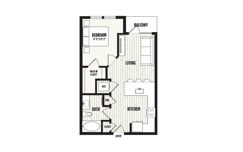 A0 - 1 bedroom floorplan layout with 1 bathroom and 609 square feet