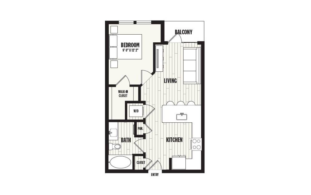 A0B - 1 bedroom floorplan layout with 1 bathroom and 627 square feet