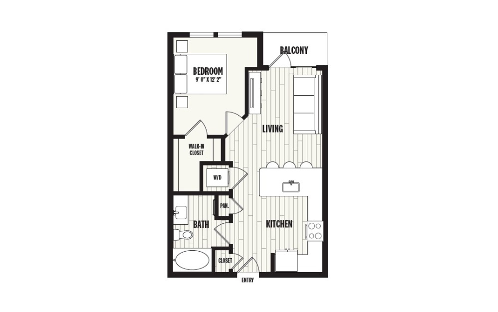A0A - 1 bedroom floorplan layout with 1 bathroom and 612 square feet