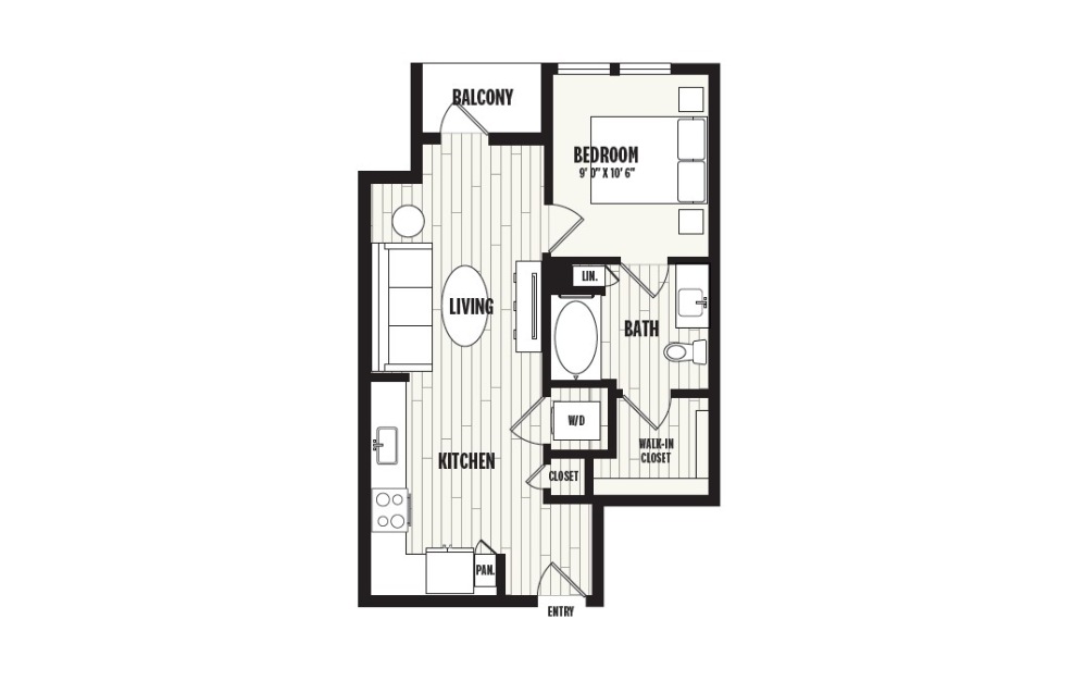 A0C - 1 bedroom floorplan layout with 1 bathroom and 588 square feet