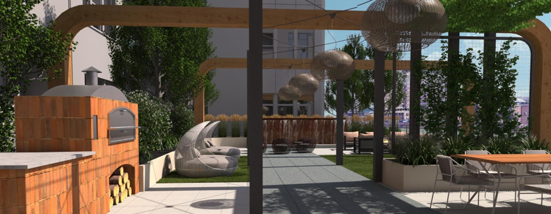 a patio with a table and chairs