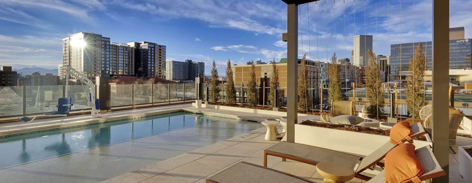 Shot of pool overlooking city