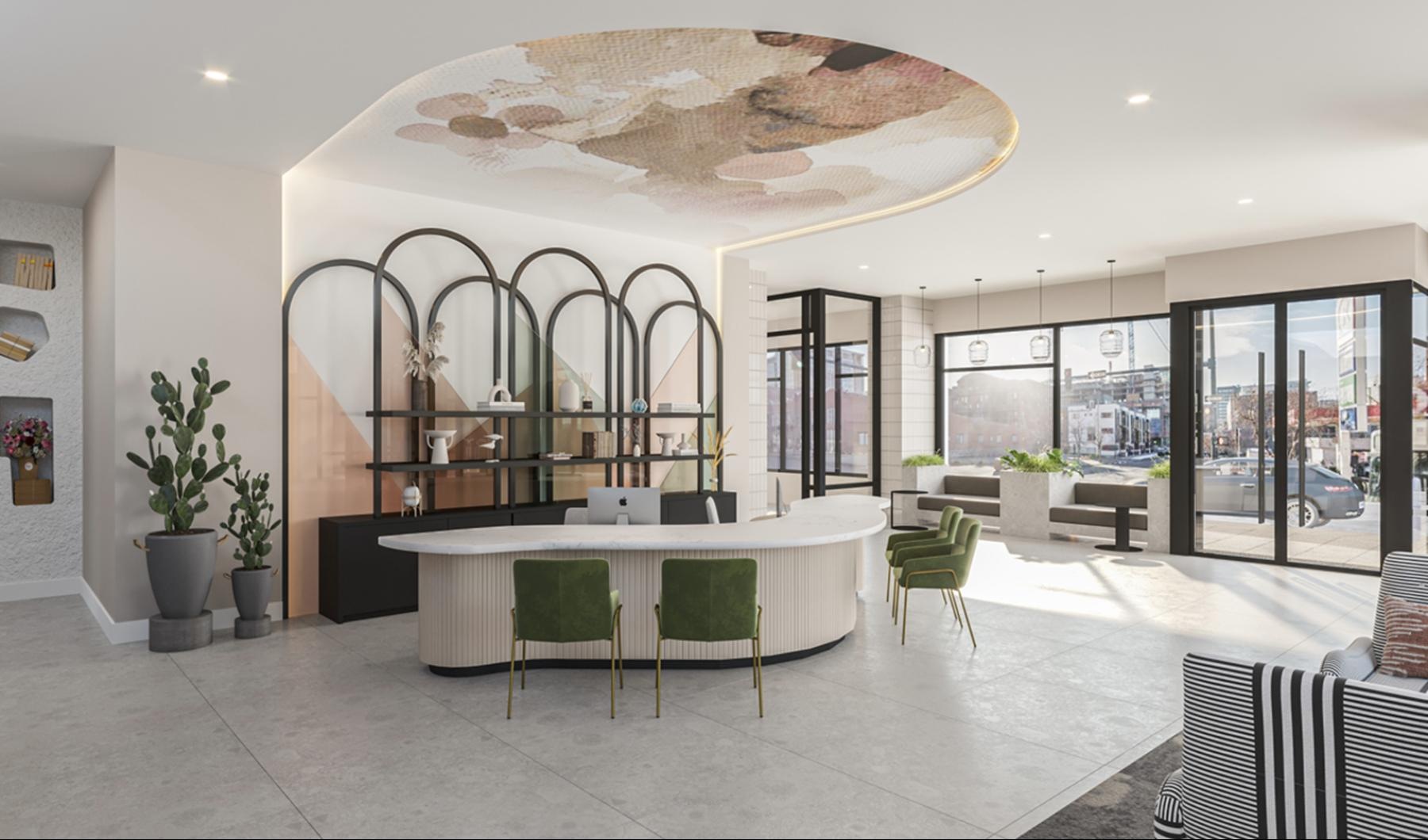 a large room with a large table and chairs