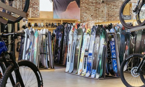 a rack of snowboards