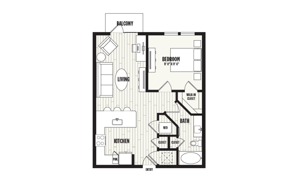 A1 - 1 bedroom floorplan layout with 1 bathroom and 728 square feet