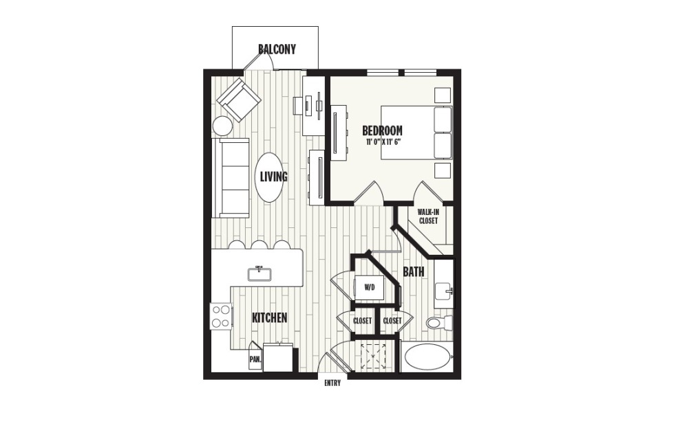 A1A - 1 bedroom floorplan layout with 1 bathroom and 783 square feet