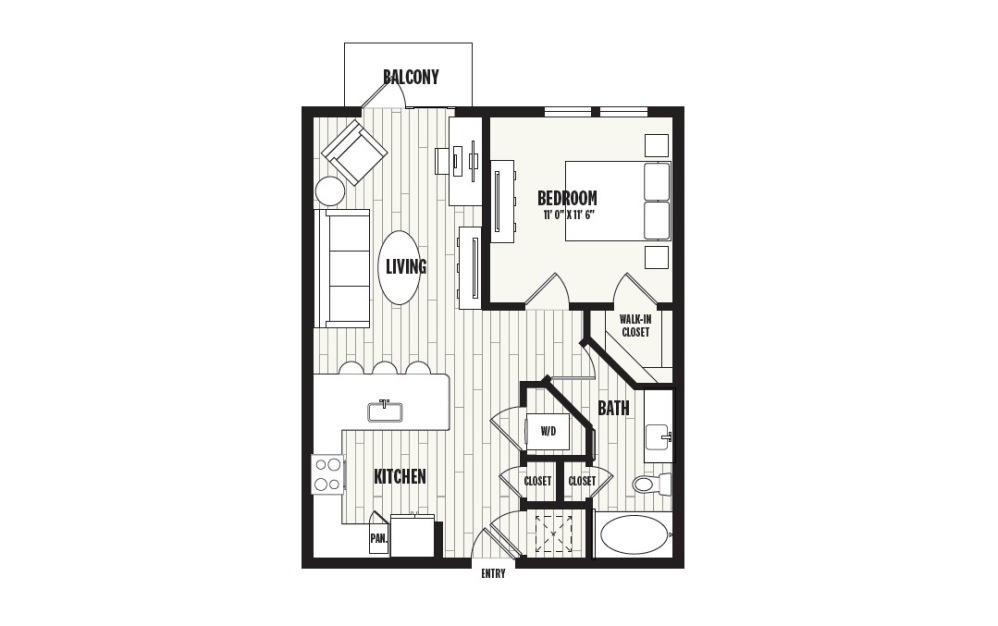 A1B - 1 bedroom floorplan layout with 1 bathroom and 781 square feet
