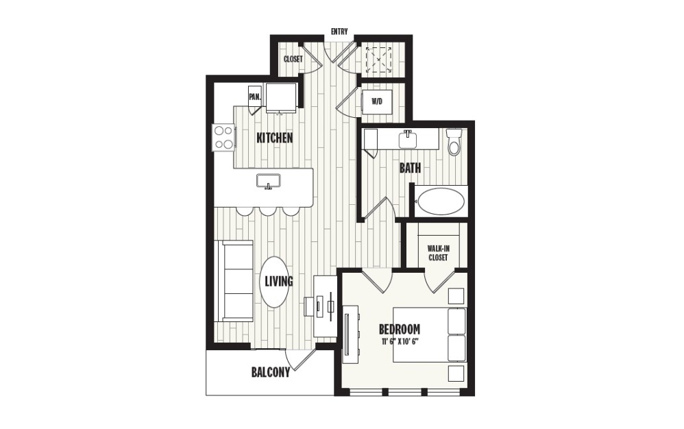 A2 - 1 bedroom floorplan layout with 1 bathroom and 728 square feet