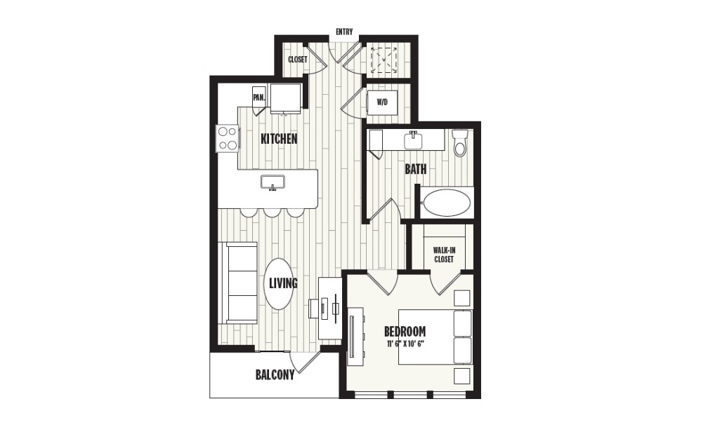 A2A - 1 bedroom floorplan layout with 1 bathroom and 762 square feet