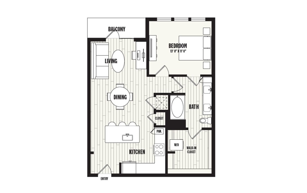 A3 - 1 bedroom floorplan layout with 1 bathroom and 860 square feet