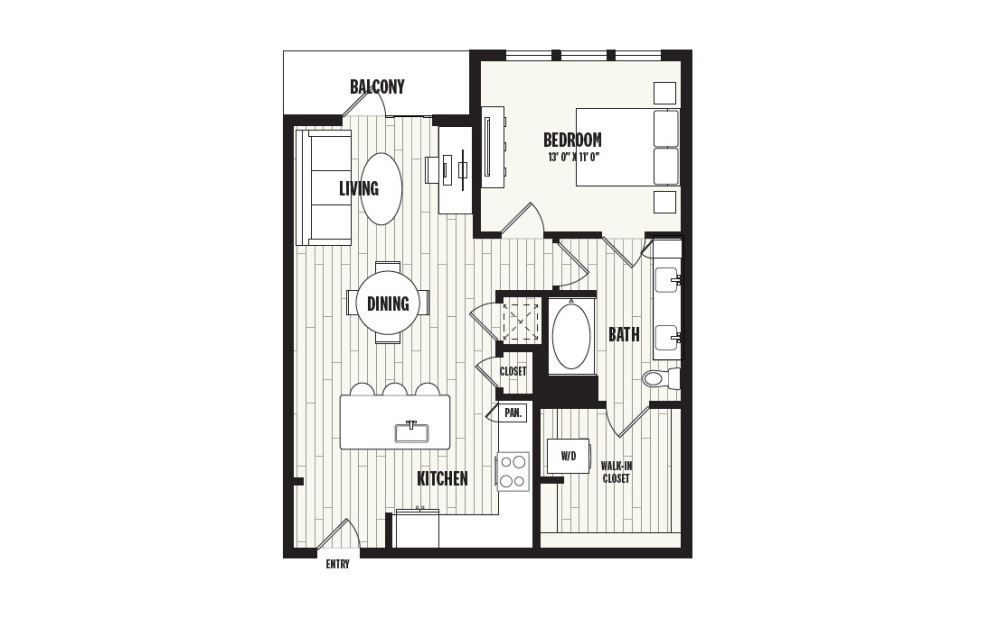 A3A - 1 bedroom floorplan layout with 1 bathroom and 822 square feet