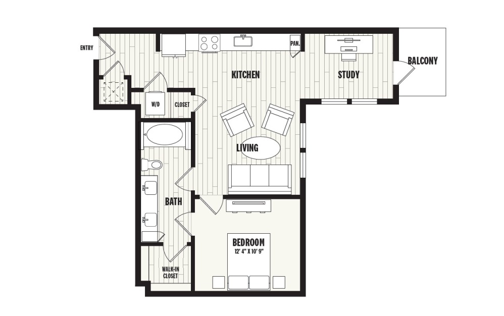A5 - 1 bedroom floorplan layout with 1 bathroom and 809 square feet
