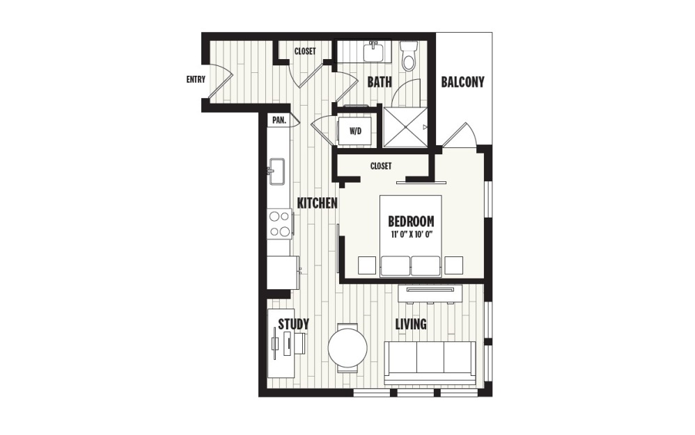 A6 - 1 bedroom floorplan layout with 1 bathroom and 583 square feet