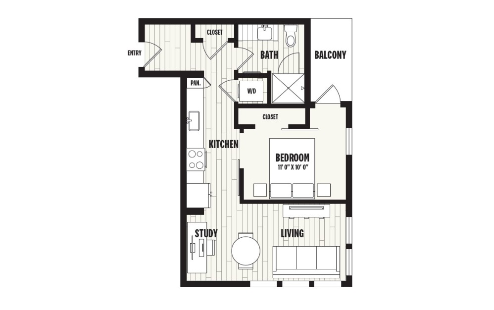 A6A - 1 bedroom floorplan layout with 1 bathroom and 645 square feet