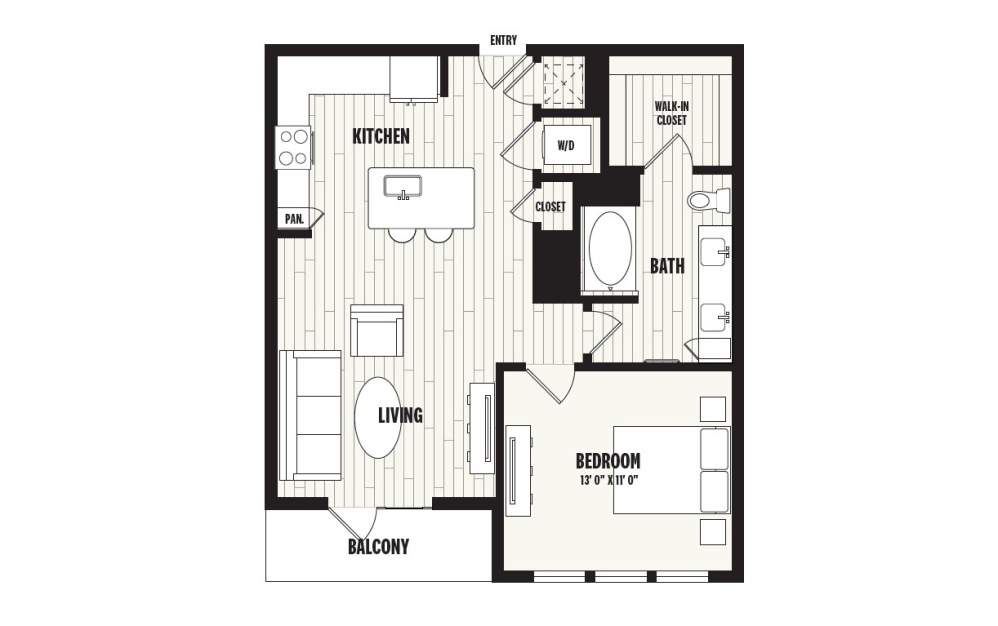 A7 - 1 bedroom floorplan layout with 1 bathroom and 836 square feet