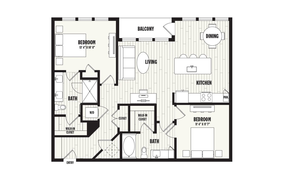 B1A - 2 bedroom floorplan layout with 2 bathrooms and 1205 square feet