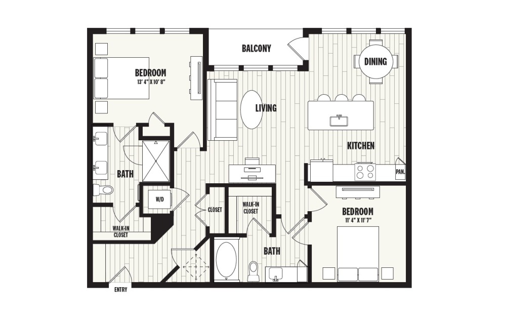 B1 - 2 bedroom floorplan layout with 2 bathrooms and 1202 square feet