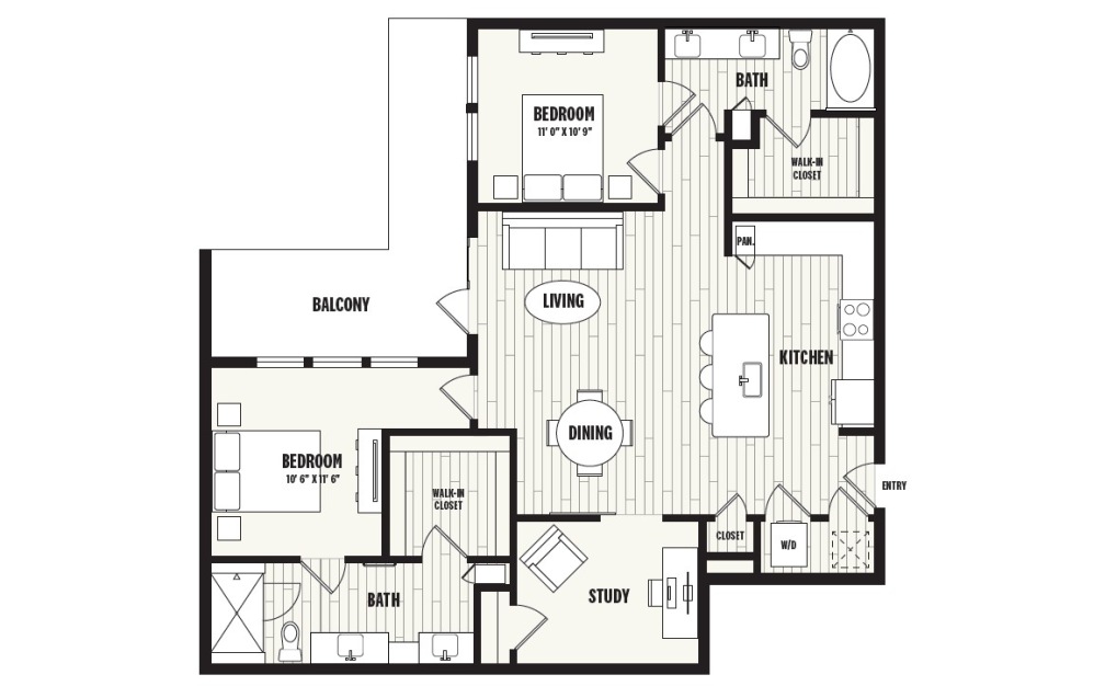 B2 - 2 bedroom floorplan layout with 2 bathrooms and 1477 square feet