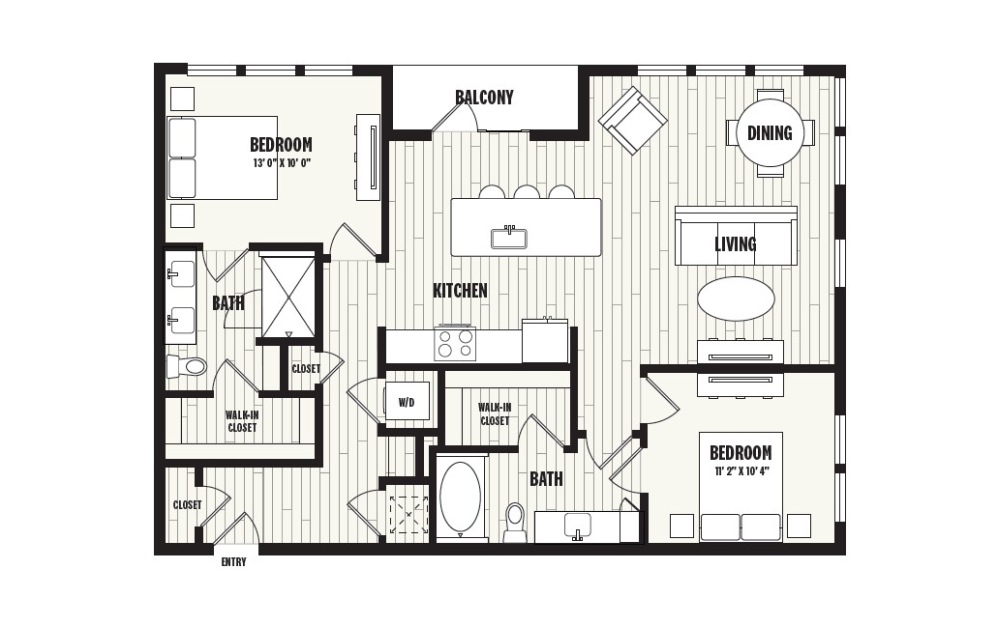 B3 - 2 bedroom floorplan layout with 2 bathrooms and 1221 square feet