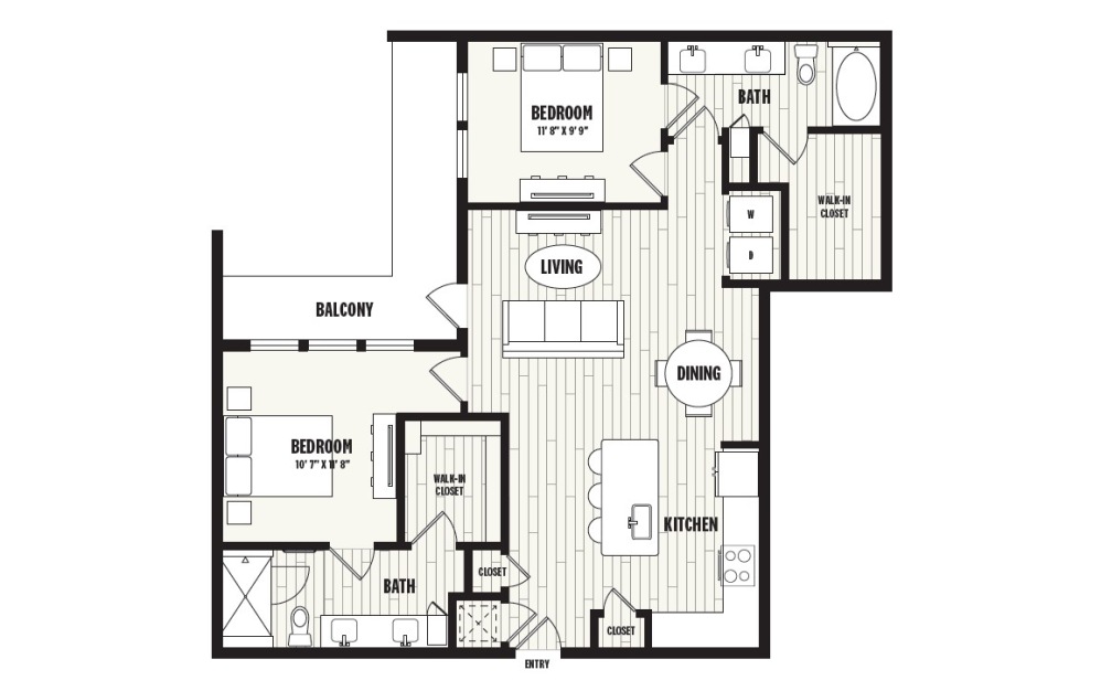 B4 - 2 bedroom floorplan layout with 2 bathrooms and 1249 square feet