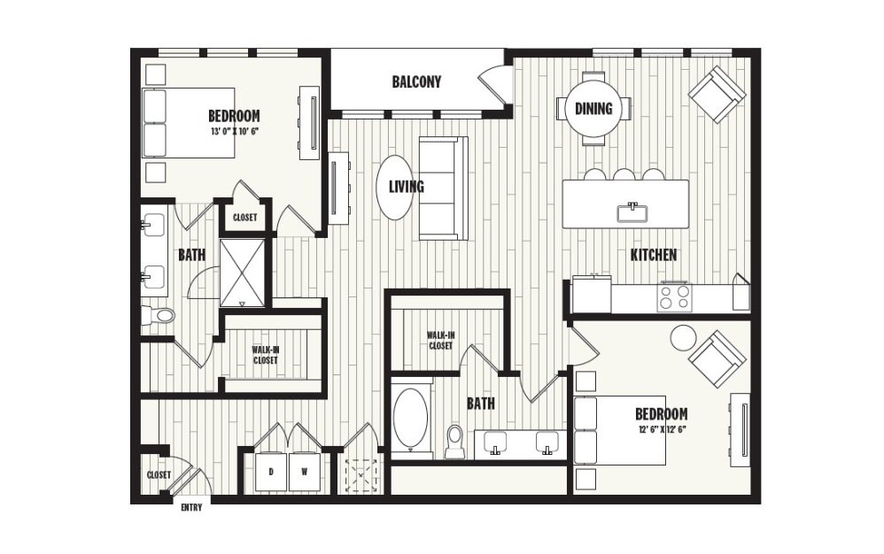 B5 - 2 bedroom floorplan layout with 2 bathrooms and 1442 square feet