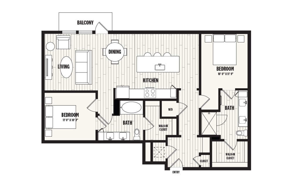B6 - 2 bedroom floorplan layout with 2 bathrooms and 1271 square feet