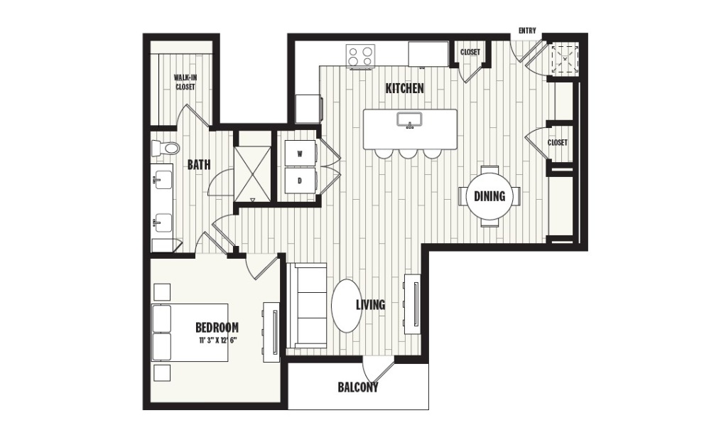 P1 - 1 bedroom floorplan layout with 1.5 bathroom and 1025 square feet