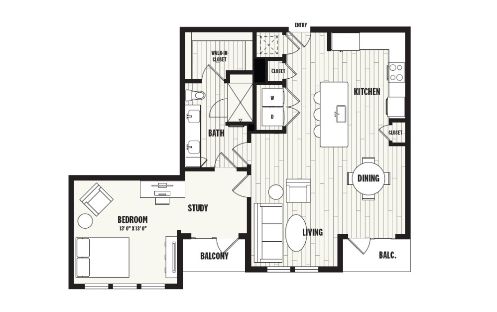 P2 - 1 bedroom floorplan layout with 1.5 bathroom and 1071 square feet