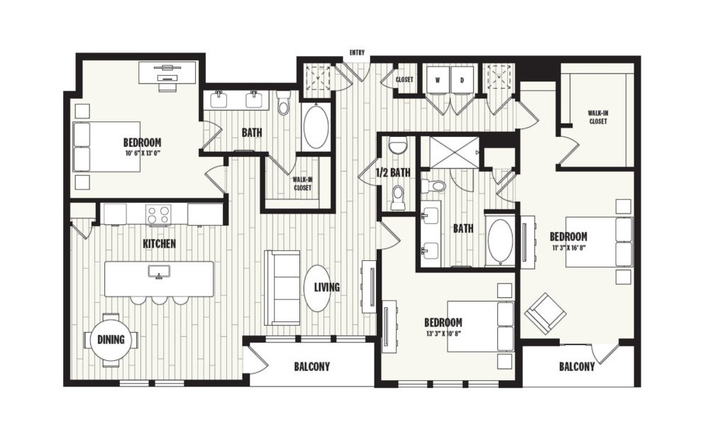P5 - 2 bedroom floorplan layout with 2.5 bathrooms and 1842 square feet