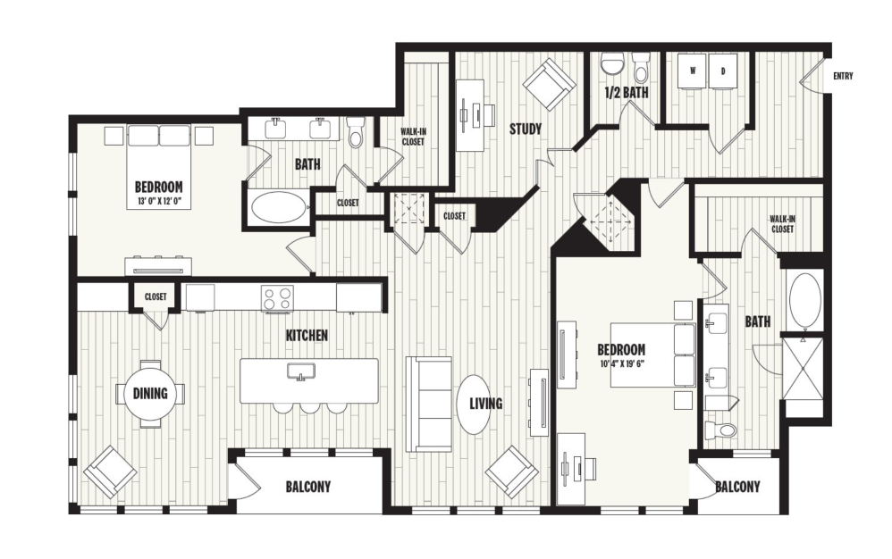 P6 - 2 bedroom floorplan layout with 2.5 bathrooms and 2025 square feet