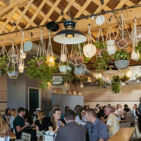 a group of people sitting at tables